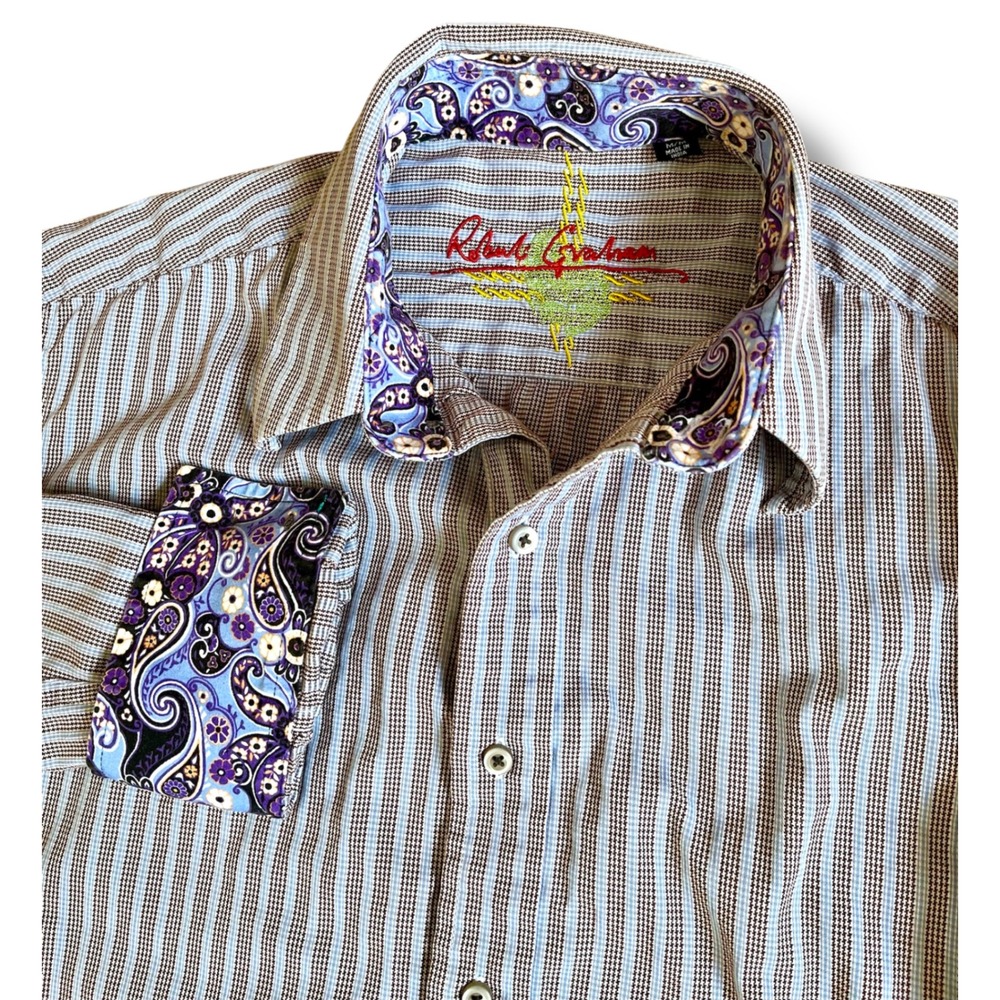 Robert Graham Mens Blue‎ Brown Houndstooth Paisley Trim Button Down Shirt Medium